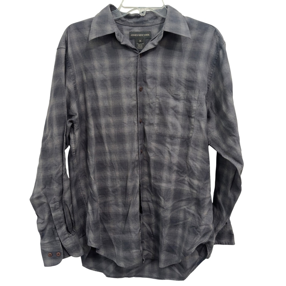 Jones New York Mens Shirt Grey Plaid Cotton Long Sleeve Button Down Preppy M